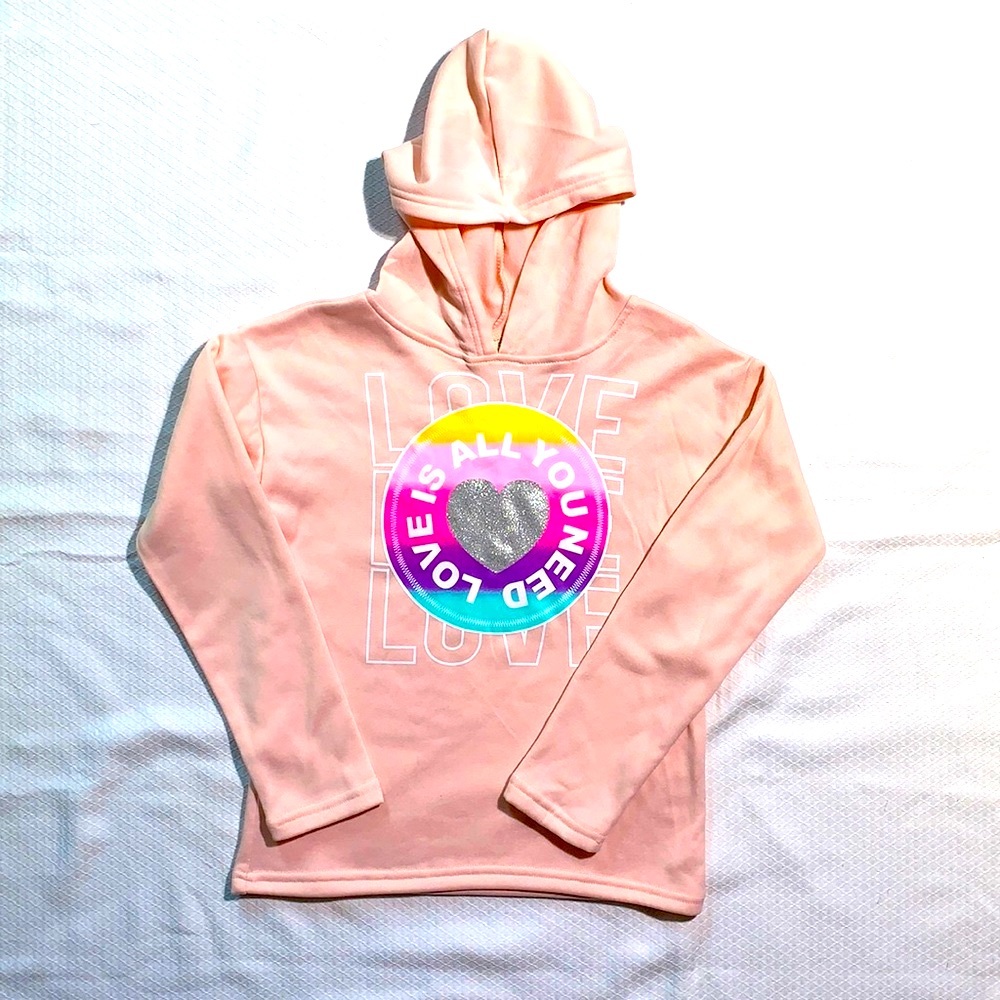NWT Girls Pink/Rainbow Hooded Sweatshirt+ “Love Is All You Need” logo Size Large